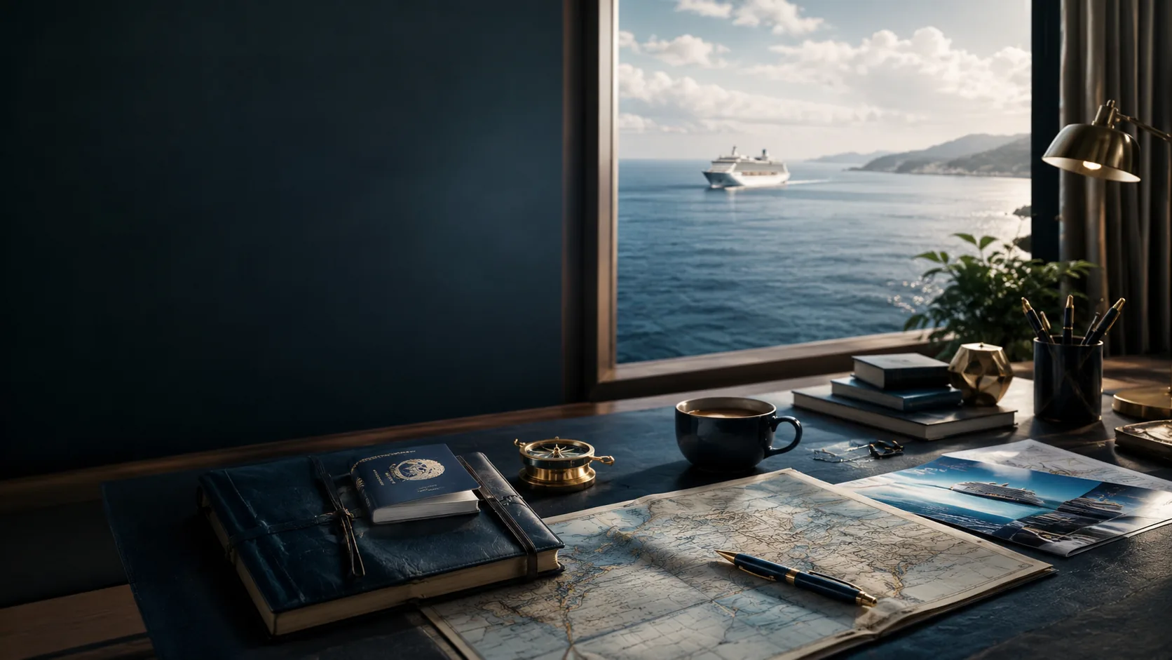 Premium travel planning desk with ocean and cruise inspiration
